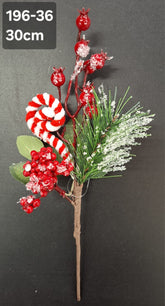 Crenguță artificială de Crăciun cu acadea roșie, bobițe și frunze verzi, 30 cm, set 10 bucăți